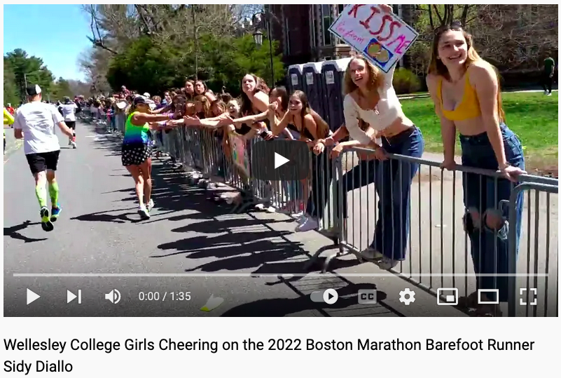 Wellesley College Girls Cheering on the 2022 Boston Marathon Barefoot Runner Sidy Diallo